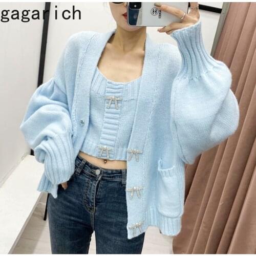Gagarich Woman Sets Ins Fashion Solid Simple Square Collar Versatile Short Vest Loose Long Sleeves Cardigan Two Pieces Suit