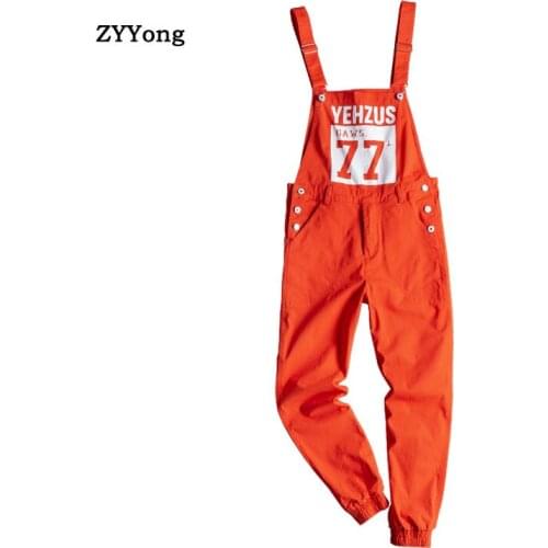 New Print Letter Orange Loose Overalls Men Jumpsuit Bib Beam Feet Hip Hop Streetwear Rompers Cargo Pants Youth Casual Trousers