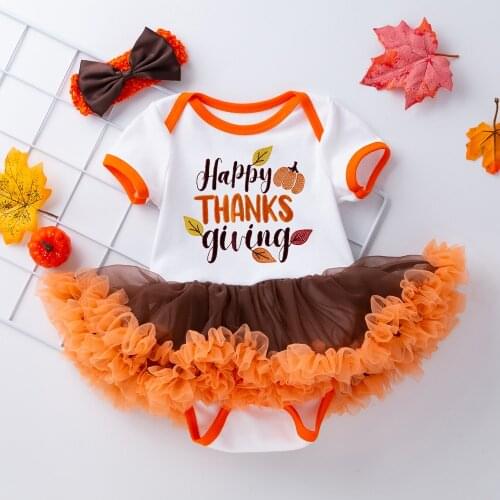 2PCS Newborn Baby Girls Thanks Giving Embroidery Design Clothing Cotton Short Sleeve Romper Dress Costume