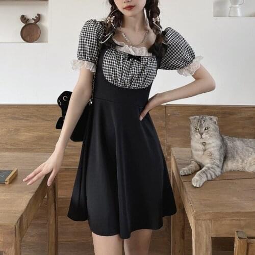 Plaid Stitching Short Dress French Style Square Collar Ruff Short Sleeved High Waist Slim Style for Summer Holiday HSJ88