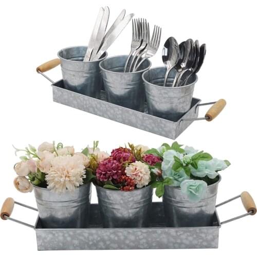 Flower Herb Pot with Tray Set Galvanized Metal Planters Caddy for Kitchen Windowsill Garden