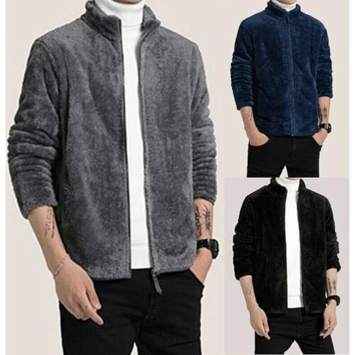 Men Winter Warm Fleece Teddy Bear Trench Coat Zip Up Fluffy Outerwear Top Jacket