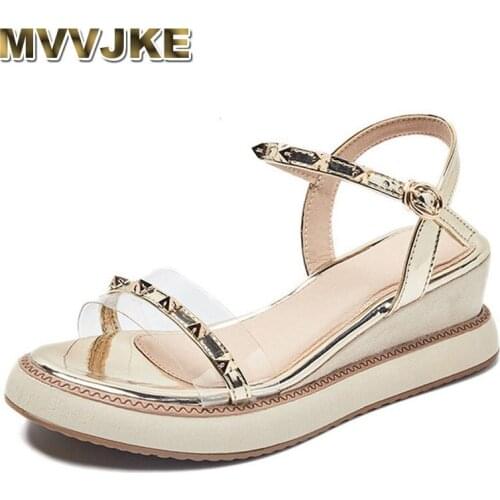 MVVJKE Women Sandals 2020 Summer Casual Designer Gold Silver High Heels Wedges Rivet Sandals Open Toe Heels Sandals