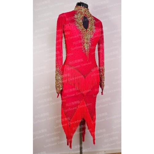 Rumba Jive Chacha Latin Dance Dress ballroom dress dancewear Red fringe latin costume Sunflower Rumba dance dresses