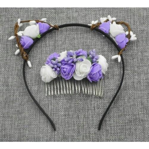 Cute Halloween Cat Ears Hairband Women Girls Headband Set Flower Hoop Hair Accessories Set Purple White Party Photography Props