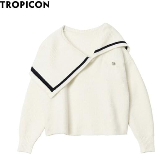 TROPICON Preppy Style Long Sleeve Oversized Sweater Women White Sailor Collar Pullovers Korean Fashion Knitted Sweater Clothing