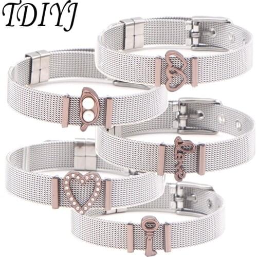 TDIYJ Stainless Steel Keeper Mesh Bracelet Double Heart Family Love DIY Slide Charms as Woman Bracelet Bangle Jewelry