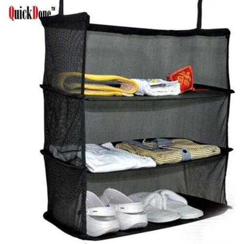 QuickDone Three-Layers Portable Travel Clothing Storage Bag Nylon Mesh Hook Hanging Organizer for Wardrobe Clothes Shoes FY0005