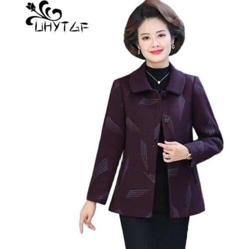 UHYTGF Mother Spring Autumn Trench Coat Casual Womens Quality Short Windbreaker Middle-Aged Elderly 5XL Plus Size Outerwear 1529