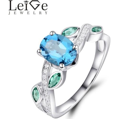 Leige Jewelry Swiss Blue Topaz Ring with Emerald Oval Cut 925 Sterling Silver Fine Rings for Women Wedding Anniversary Gift