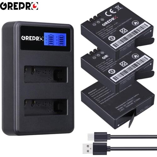 3Pcs 1500mAh AZ16-1 AZ16-2 Battery + LCD Dual USB AZ16-1 battery Charger for Xiaomi Yi 4K, Yi 4K+, Yi Lite, YI 360 VR Camera