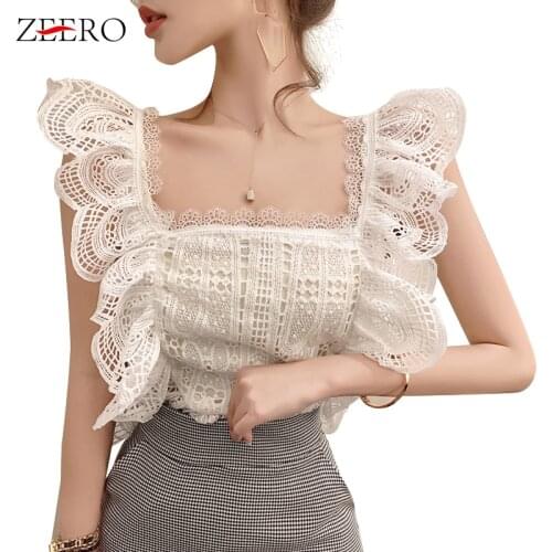 2021 Summer Ruffles Blouses Women Sweet Hollow Out Lace Top Ladies White Sexy Sleeveless Square Collar Female Casual Shirt