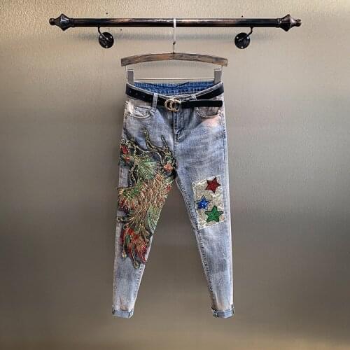 Plus Size Women Sequined Trousers Female Slim Fit Pencil Jeans Pants New Spring Fashion Phoenix Embroidery Denim Pants Slim
