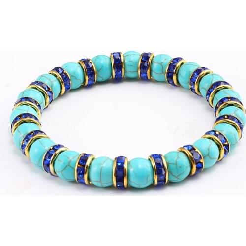 Charm Women Natural Stone Bracelet with Pink Blue Crystal Boho Turquoises Elastic Rope Beads Bracelets&Bangles Men Yoga Jewelry