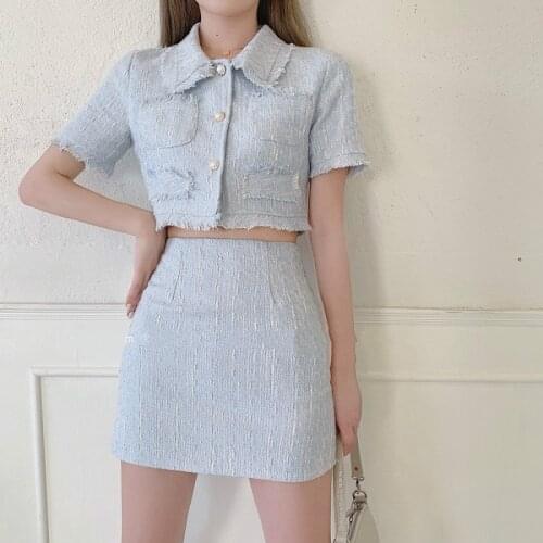 New Summer Women Korean Style Sweet 2 Piece Sets Turn-down Collar Jacket Crop Tops+Short Skirts Lady Elegant Two Piece Outfits