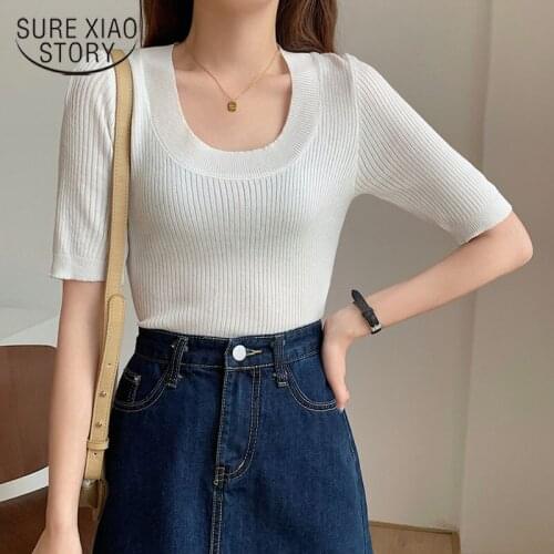 2021 New Summer Womens Solid Color Slim Tops European and American Fashion Thin Pullover Ladies Sweater T-shirt Vestidos 15363