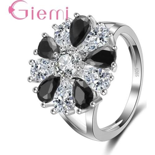 Hot Sale Women White + Black Drop Cut Cubic Zircon Rings Bridal Jewelry Top Quality 925 Sterling Silver Ladies Flower Ring