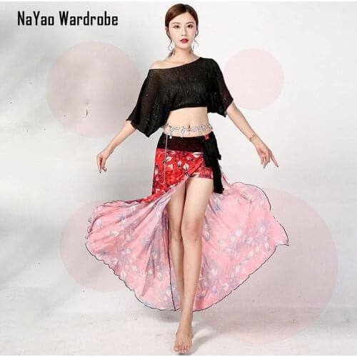 Short Sleeve Shoulder Hole Sexy Belly Dance Dress Women Tops Long Design Skirt Dancing costumes for Performamnce 58199