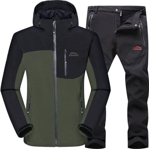 1 Set Soft Shell Winter Waterproof Hiking Jacket& Pants Fishing Clothing Set Mens Hooded Warm Jacket Trekking Hiking Coat Women