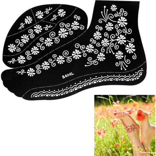 1 Sheet Women Left Foot Body Art Painting Black Henna Indian Flower Lace Tattoo Temporary Nontoxic Stencil Tattoo Stickers S404L