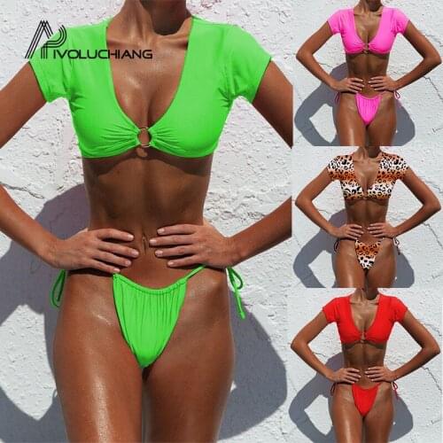 2019 New Neon Short Sleeve Thong Bikini Women Bandeau Swimsuit Female Rings Swimwear Micro String Bikini Set V Neck Bathing Suit
