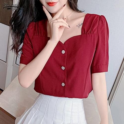 2021 Summer Short Sleeve Square Collar Chiffon Blouse Womans Shirts Wine Red Sweet Korean Cardigan All-match Top Female 10052
