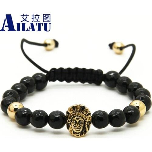 Ailatu Wholesale 10pcs/lot 8mm Faceted Black Onyx Stone Beads with Aboriginal Indigenous Cz Beads Bracelet