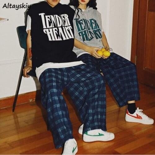 Plaid Pants Women Casual Fashion Loose Wide Leg Trousers Ins Retro Couple Harajuku All-match Unisex Streetwear College Japanese