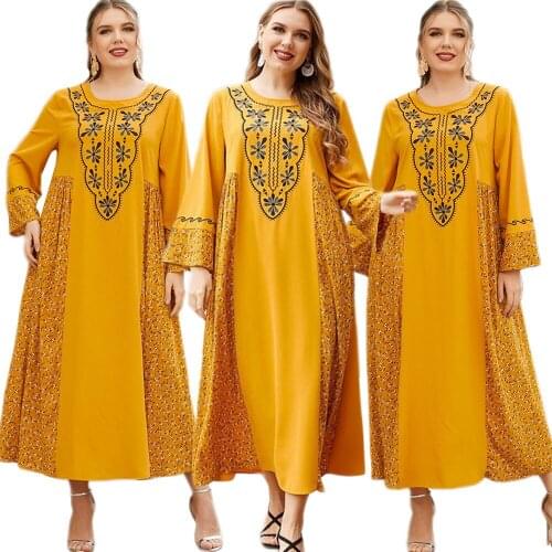 Dubai Muslim Women Embroidery Long Dress O-neck Kaftan Abaya Islamic Clothing Ramadan Arab Loose Casual Ethnic Loose Plus Size