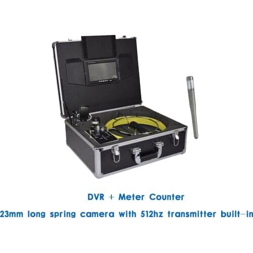 Drain Pipe Inspection Endoscope 23mm Long Spring Camera With 512hz Transmitter Built-in DVR Meter Counter Aluminum Case