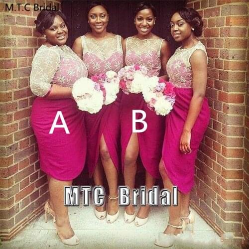 Fuchsia Short African Bridesmaid Dresses Two Styles Sheath Lace Top Plus Size Maid Of Honor Dress For Wedding Party Wholesale