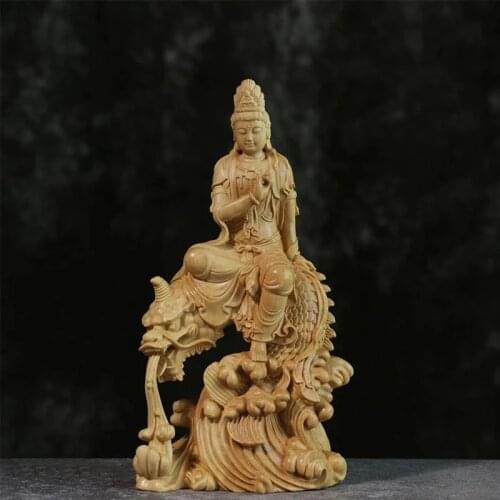 CCZHIDAO Fish Guanyin 15CM Chinese Boxwood Guan Yin Bodhisattva Statue Home Decoration Wood Carving Crafts