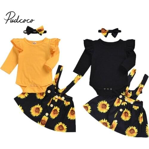 2PCS Newborn Infant Baby Girls Autumn Clothes Sets Yellow Black Cotton Knit Romper Tops Sunflower Strap Dress Outfits