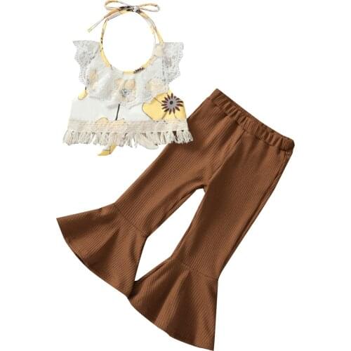 3-7Years Girls Clothes Set Floral Print Sleeveless Cropped Tops with Lace + Solid Color Flared Trousers