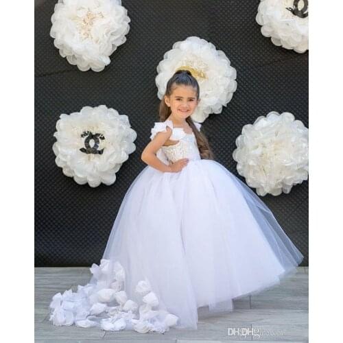 Lace Applique Dresses Wedding For Girl Beaded Flower Girls Dress Sweep Train A Line First Communion Gowns