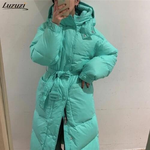 Luzuzi 2021 Women Winter Long Down Jacket With Belt Thick Warm Hooded White Duck Down Coat Female Casual Parkas Outwear Overcoat