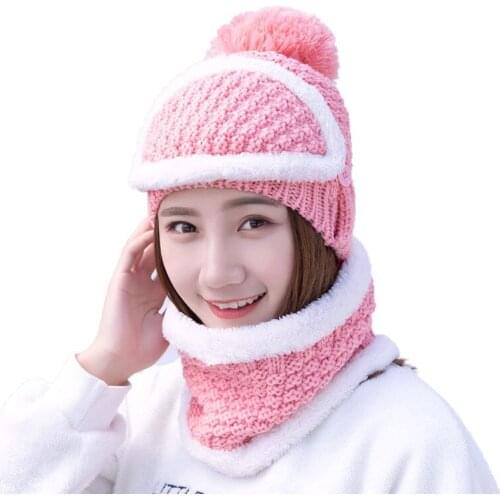 Trendy 2pcs Fashion Ski Cap And Scarf Set Women Winter Warm Hat Knitted Skullies Beanies Hat Scarf hats