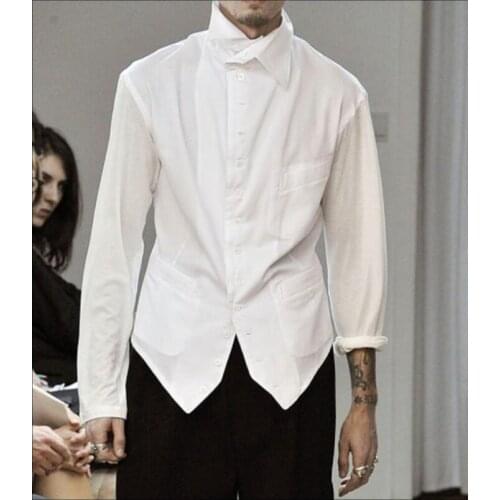 Men Black Shirts Long-sleeved Plus Size Shirt Hairstylist Cotton Asymmetric Collar Shirts Nightclub Singer Stage Costumes S-5xl