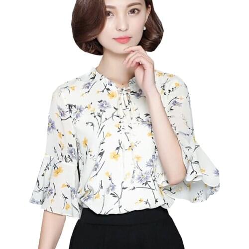 2017 New Floral Print Chiffon Blouse Shirts Spring Summer Women Casual Loose Tops Elegant Slim Bottoming Shirt Plus Size AB231