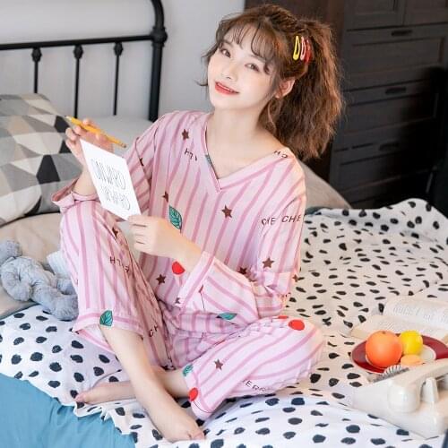 Women Pajama Sets Autumn V-neck Female Homewear Sleepwear Suits Casual Print Sweet Cotton Lovely Style Chic Soft Clothing