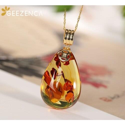 S925 Silver Goldplated Water-drop Piebald Amber Pendant For Women Ancient Coin Necklaces Pendant Without Chain Fine Jewel Gift
