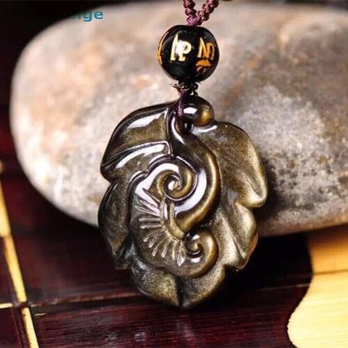 Genuine High Quality Gold Natural Black Obsidian Pendants Hand Carved Golden Leaf Lucky Amulet Pendants Necklace Jewelry