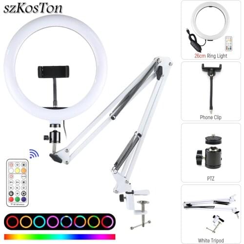 RGB Colorful LED Ring Light With Desktop Long Arm Phone Holder Stand USB Ringlight With Remote Control For VK Youtube Live