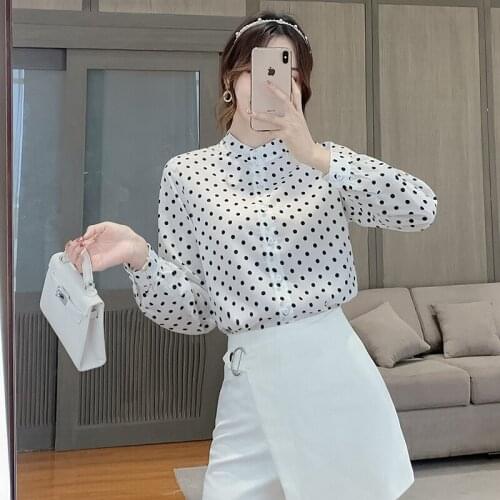 Stand-up collar chiffon shirt womens blouse autumn 2021 new wild niche long-sleeved shirt polka dot printing primer blouse