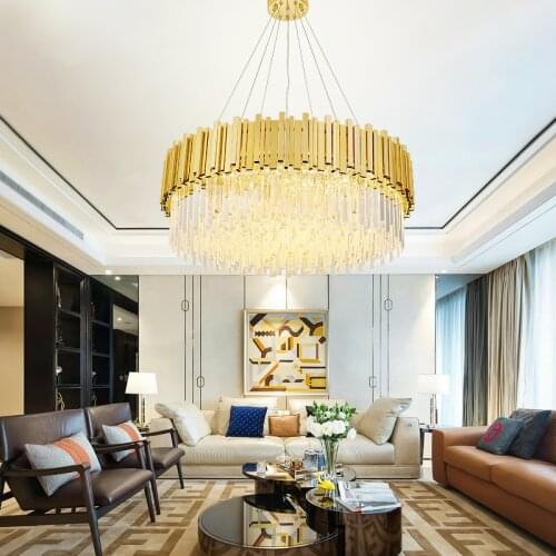 Modern LED Crystal Chandelier Gold Round Suspension Luminaire Hanging Light Fixtures Home Decor Living Dining Room Bedroom