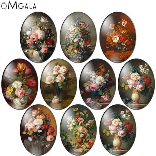Vintage Oil Painting Rose Flowers 10pcs 13x18mm/18x25mm/30x40mm Oval photo glass cabochon demo flat back Making findings
