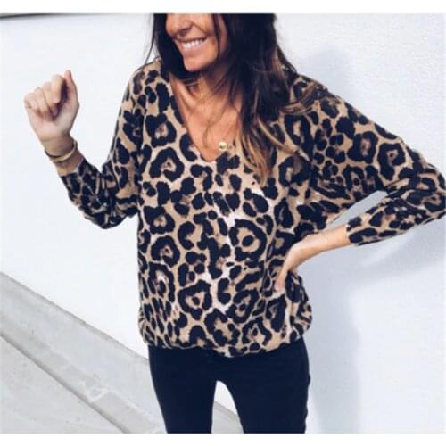 Fashion Animal Leopard Printed Loose Blouse Women Sexy Long Sleeve V Neck Stretchable Elegant Shirt Tops