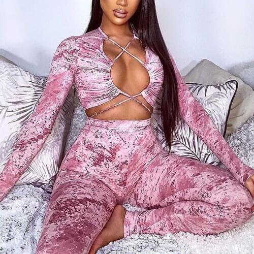 2021 Summer Tie Dye Women Sets Long Sleeve Crop Top Bandage And Biker Pants Trousers Sexy Two Piece Set Party Outfit