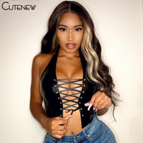 Cutenew Sexy Hollow Out PU Bandage Halter Sleeveless Women Tank Tops Drawstring Backless Crop Top Club Party Streetwear Outfits