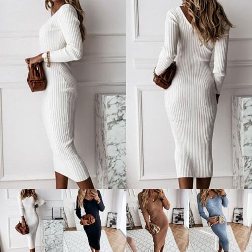 Winter Wholesale Dress V-Neck Women Bodycon Knit Long Sleeve Slim Solid Polyester Pencil for Women Full Draped Mid-calf Female